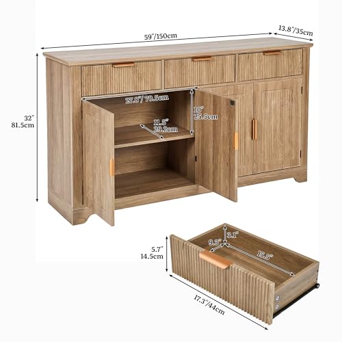 YITAHOME 59" Buffet Cabinet Fluted Sideboard Coffee Bar Natural Oak | Kitchen Storage Cabinet Adjustable Shelves & Drawers, Mid Century Modern Credenza for Kitchen, Living Room