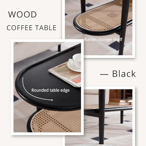 Modern Rattan Coffee Table,Black Wood Coffee Table with Storage Shelf for Living Room, 2-Tier Center Table 39.5 Oval Entryway Table Side Table Nightstand for Bedroom Office Small Space Cafe - color: Black