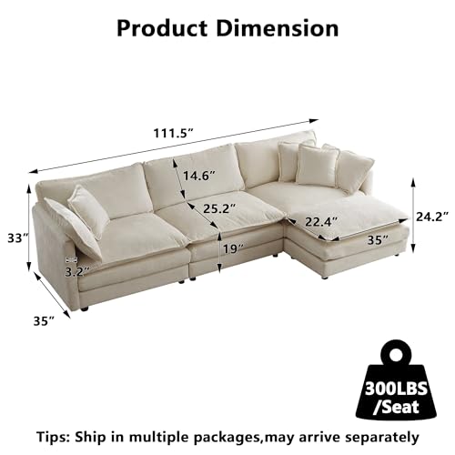 Aoowow Modular Sectional Sofa Modern Convertible L Shaped Couch,112.2 Inch Deep 3-Seater Sofas Set Comfy Chenille Cloud Sofas and Couches with Movable Ottoman for Living Room Apartment（Light Coffee） - color: Light Coffee, size: 3 Seat + Ottoman