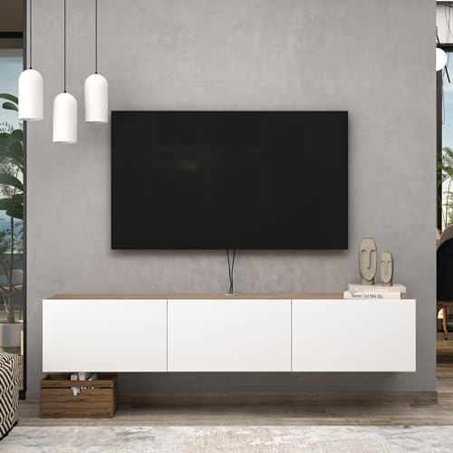 Atelier Mobili Floating TV Stand - Wall Mounted, Supports up to 80 inch TV, Modern White Entertainment Center for Living Room, White Floating TV Stand with Oak Counter Design - color: White & Sapphire Oak