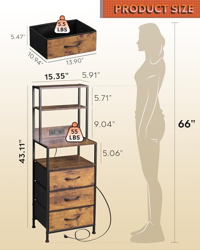 WLIVE Tall Nightstand with 3 Fabric Drawers, Night Stand with Charger Station and Open Shelves, LED Nightstand, Bed Side Table for Bedroom, Living Room, Rustic Brown - color: Rustic Brown, size: 1 Piece, style: 3 Drawers