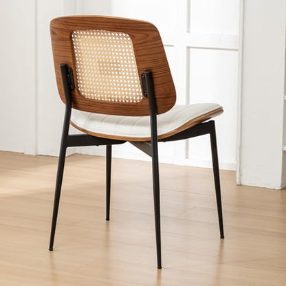 Rattan Dining Chairs Set of 4,Mid Century White PU Leather Kitchen Chairs,Upholstered Seat Metal Legs Chairs with Adjustable Foot Pads,Walnut Armless Side Chairs - color: White, size: Set of 4