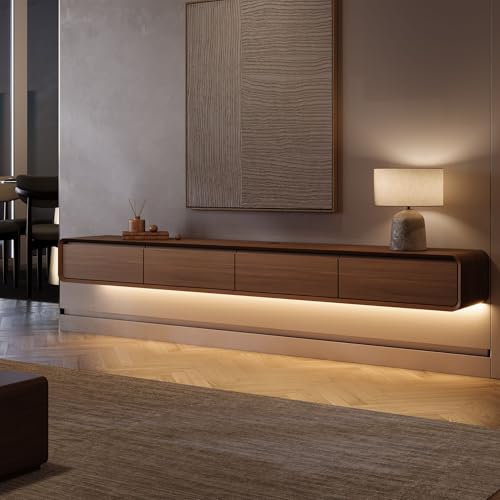 POVISON Fully-Assembled Minimalist Floating TV Stand with LED Lights, Modern Wall-Mounted Media Console with 4 Drawers for 85 Inch TV, Walnut Veneer, 94" - color: Walnut, size: 94.49"