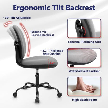 CLATINA Armless Office Desk Chair with Wheels, Ergonomic Tilt Backrest Executive Chairs Adjustable Height Mid Back Swivel Rolling Computer Task Chair for Home Bedroom Study Conference Room, Grey, 4PK - size: 4 Pack