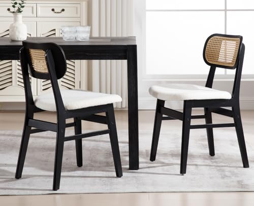 EALSON Rattan Dining Chairs Set of 2 Cane Back Farmhouse Dining Room Chairs Mid Century Kitchen Chairs with Black Wood Frame Sherpa Upholstered Side Chair for Kitchen & Dining Room, Beige - color: Sherpa Beige-black Wood Frame, size: 2PCS