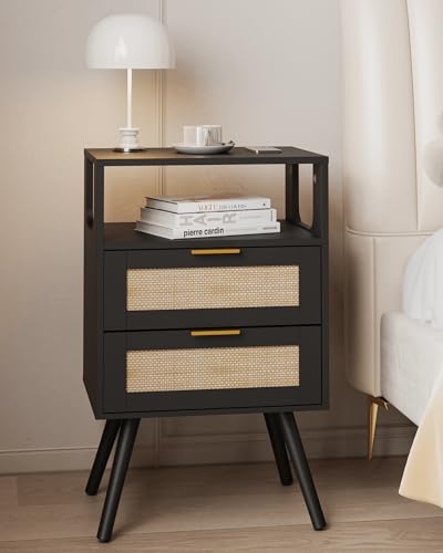 Rattan Nightstand,Farmhouse Bedside Table with 2 Storage Drawer and Open Wood Shelf, for Bedroom and Small Spaces,Night Stand with Solid Wood Legs (Black) - color: Black