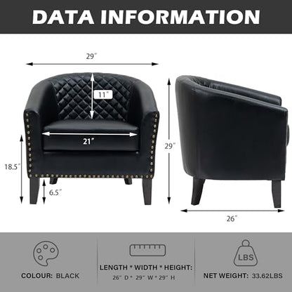 Faux Leather Accent Chair, Modern Barrel Club Chair, Black | Comfy Upholstered Armchair for Living Room, Round Club Chair Single Sofa Bedroom Reading Seat | 26"D*29"W*29"H - color: Black