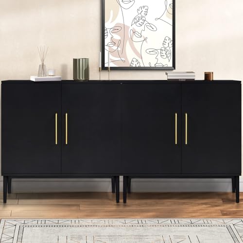 Set of 2 Black Storage Cabinet with Doors, Modern Accent Cabinet, Free Standing Cabinet with Adjustable Shelf, Wooden Buffet Sideboards for Living Room, Kitchen, Dining Room, Entryway - color: Black丨flat Panel, size: 2 Pieces