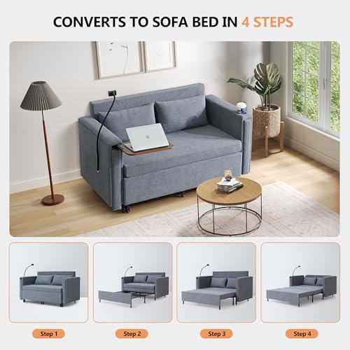 Pull Out Sofa Bed, 2-in-1 Multi-Functional Sleeper Couch Small Loveseat Bed with Hidden Side Table, Phone Holder and Cup Holder for Living Room, Small Space, Apartment (Grey) - color: 2-in-1 Grey 2 Seater