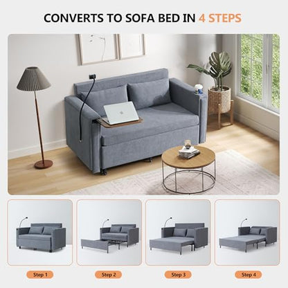 Pull Out Sofa Bed, 2-in-1 Multi-Functional Sleeper Couch Small Loveseat Bed with Hidden Side Table, Phone Holder and Cup Holder for Living Room, Small Space, Apartment (Grey) - color: 2-in-1 Grey 2 Seater