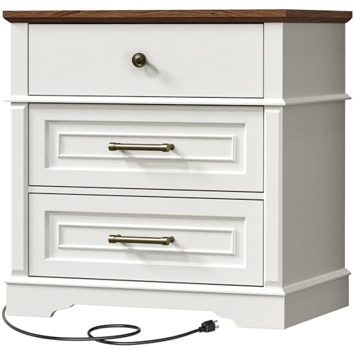 29.5" Tall Nightstand with Charging Station, 3 Drawer Farmhouse Night Stand, 27.6" Wide End Table with Storage, Large Bedside Table for Bedroom Living Room, White and Walnut - color: White and Walnut