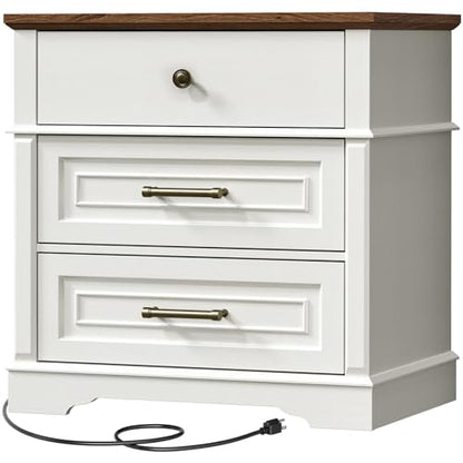 29.5" Tall Nightstand with Charging Station, 3 Drawer Farmhouse Night Stand, 27.6" Wide End Table with Storage, Large Bedside Table for Bedroom Living Room, White and Walnut - color: White and Walnut