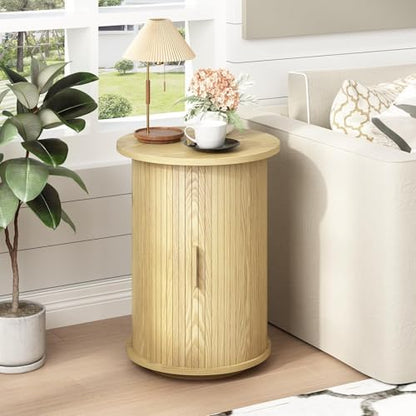 Wnutrees Round Fluted End Table, Small Accent Pedestal Side Table with Sliding Door & 2 Tier Storage Shelf, Wood Fluted Nightstand Bedside Table for Living Room, Bedroom, Natural