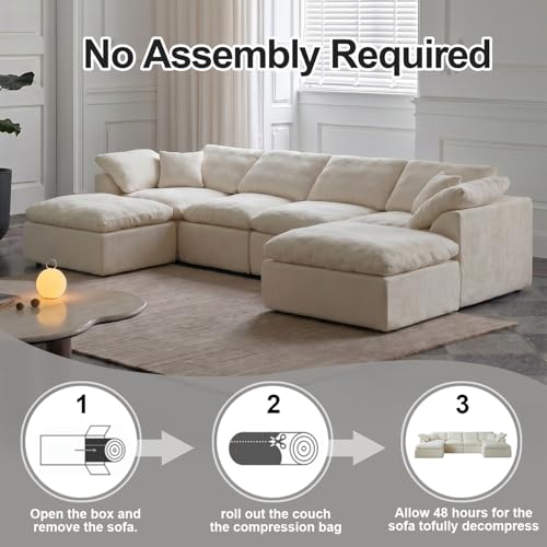 Cloud Couch Sectional for Living Room, Modular L Shaped Boneless Sofa with Chaise, Compressed No Assembly Couch, Deep Seat Chenille Upholstered Convertible Sofa Bed (Beige) (139″‌ U-Shaped White) - color: White