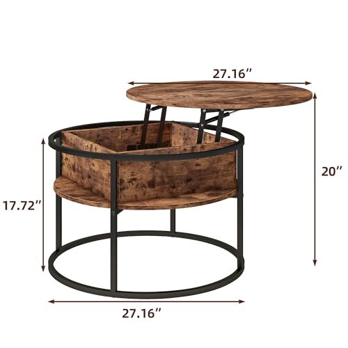 HOJINLINERO Round Lift Top Coffee Table with Storage,Farmhouse Rustic Brown | Round Coffee Table With Storage Hidden Compartment,Wood Farmhouse Decor,Sturdy Metal Frame,Center Table For Living Room - color: Rustic Brown Coffee Table