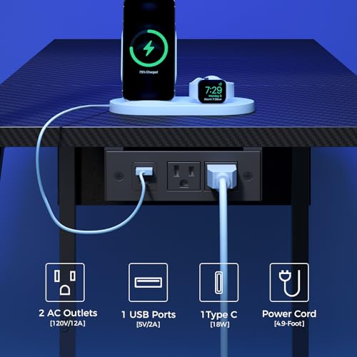 MAHANCRIS Gaming Desk, Computer Desk with Charging Station and LED Light, Small PC Desk with Side Storage Bag and Shelves, 2 Hooks, for Living Room, Home Office, Bedroom Black CDHS134E01