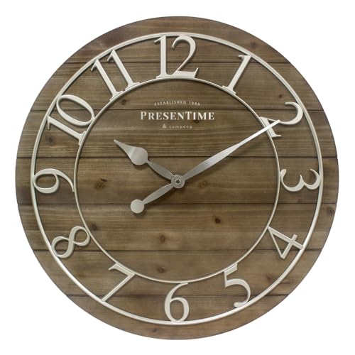 Vintage Farmhouse Shiplap Clock | 19.5-Inch Multicolor Woodgrain Shiplap Wall Clock, Silver Arabic Numerals, Farmhouse Décor for Home & Office - color: Silver With Weathered Pine Wood