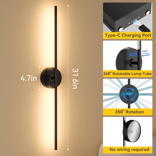 Battery Operated Wall Sconces Set of 2, 8000mAh Wireless Rechargeable 3000-6000K Dimmable 350° Rotate Wall Light with Remote for Living Room, Bedroom 31.6in Black - color: Black, size: 31.6in-Round Base