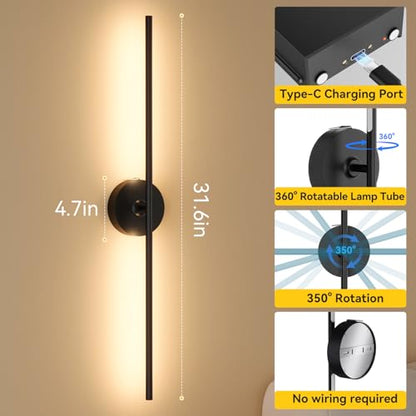Battery Operated Wall Sconces Set of 2, 8000mAh Wireless Rechargeable 3000-6000K Dimmable 350° Rotate Wall Light with Remote for Living Room, Bedroom 31.6in Black - color: Black, size: 31.6in-Round Base