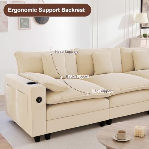 KCGKCG 116" 3-Seater Cloud Sofa, Modular Sectional Couch, Chenille Deep Seat Cloud Couch with Charging Station, Cup Holder, Side Pocket, Double Layer Seat Cushion Couches for Living Room, Beige - color: Beige, size: 116"- Loveseat