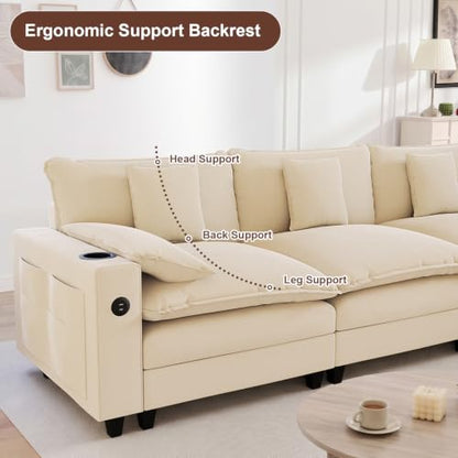 KCGKCG 116" 3-Seater Cloud Sofa, Modular Sectional Couch, Chenille Deep Seat Cloud Couch with Charging Station, Cup Holder, Side Pocket, Double Layer Seat Cushion Couches for Living Room, Beige - color: Beige, size: 116"- Loveseat