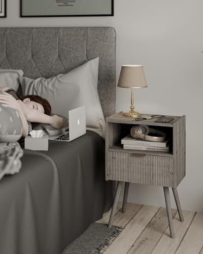 Nightstand,Modern Bedside Table with Storage Drawer and Open Wood Shelf, for Living Room, Bedroom and Small Spaces, Accent Night Stand with Solid Wood Legs, Easy Assembly,Grey Oak - color: Grey Oak