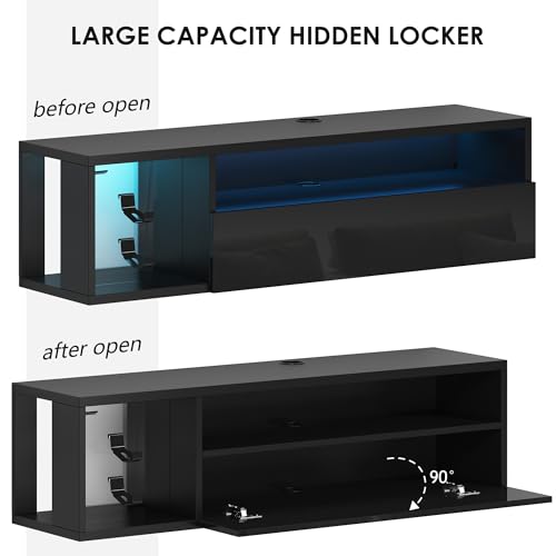 sogesfurniture 39.3'' Floating Wall TV Cabinet Stand with LED Lights, Wall Mounted Entertainment Center with Storage Shelves, Modern High Gloss Media Console for Living Room, Bedroom - size: 39.3"-Black