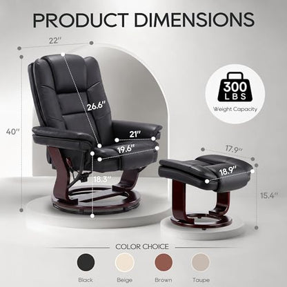Swivel Recliner Chair with Ottoman Reclining Lounge Sofa Footrest, Set of 2 | 360°Sturdy Wood Base, Soft Faux Leather, Upholstered Ultra-Plush Foam, Modern Armchair, Living Room Bedroom Office Reading - color: Black, size: Set of 2