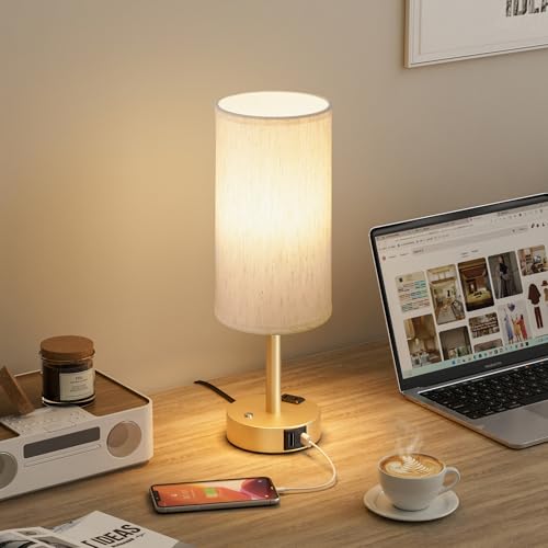 Gold Touch Bedside Lamp for Bedroom, Stepless Dimmable, USB A+C, AC Outlet | Base Touch Button Only, Memory Brightness, Ultra-dim Night Light, Included Bulb for Optimal Dimming, Cream Fabric Shade, Desk - color: Beige & Gold