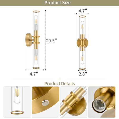 8000mAh Wireless Wall Sconces with Remote Control 3000K, Gold, 20.5 Inch | Battery Operated Wall Sconce Set of 2 with Timer, Rechargeable Dimmable Wall Lights for Living Room Bedroom Hallway Entryway - color: Gold(Clear Tubular Lampshade)
