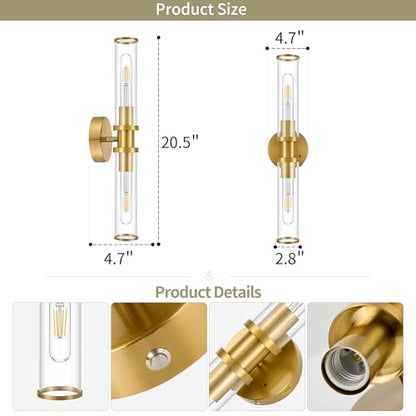 8000mAh Wireless Wall Sconces with Remote Control 3000K, Gold, 20.5 Inch | Battery Operated Wall Sconce Set of 2 with Timer, Rechargeable Dimmable Wall Lights for Living Room Bedroom Hallway Entryway - color: Gold(Clear Tubular Lampshade)