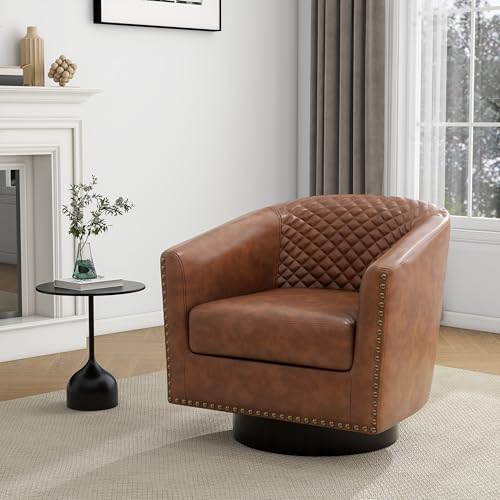 Faux Leather Swivel Accent Chair, Modern Barrel Club Armchair, Brown | Comfy Living Room Chair, Modern Nailhead Trim Round Armchair Bedroom Reading Seat with Removable Cushion, Wood Frame - color: Retro Brown