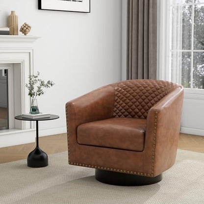 Faux Leather Swivel Accent Chair, Modern Barrel Club Armchair, Brown | Comfy Living Room Chair, Modern Nailhead Trim Round Armchair Bedroom Reading Seat with Removable Cushion, Wood Frame - color: Retro Brown