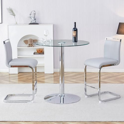 Bar Table and Chairs Set of 2,Round Counter Height Dining Table Set,35” Glass Round Bar Table Set with Light Grey Bar Stools,Sturdy Silver Chrome Base,Small Pub Table Set for Apartment,Kitchen(36"H - color: Silver&light Grey