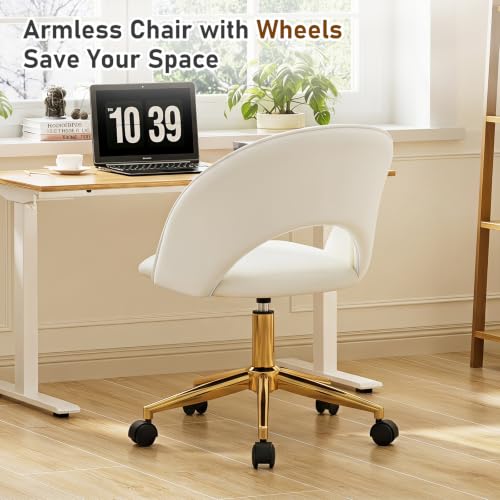 Furnimart Armless Swivel Rolling Desk Chair, Adjustable Faux Leather Vanity Chair with Wheels, Cute Task Chair with Gold Legs for Living Room Bedroom Studying Small Places (PU White) - color: Faux Leather-pu White