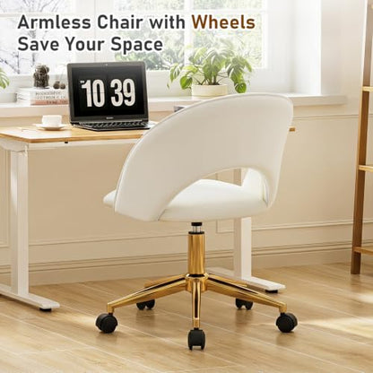 Furnimart Armless Swivel Rolling Desk Chair, Adjustable Faux Leather Vanity Chair with Wheels, Cute Task Chair with Gold Legs for Living Room Bedroom Studying Small Places (PU White) - color: Faux Leather-pu White