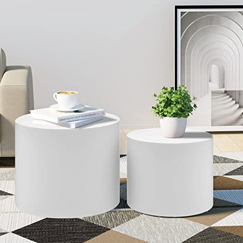 JUSTONE Set of 2 Nesting Coffee Table,Modern Round Wood Accent Side End Table for Living Room Bedroom and Entryway, Apartment,Nesting Tables for Small Spaces No Assembling (Matte White) - color: Round-white-14.9"h