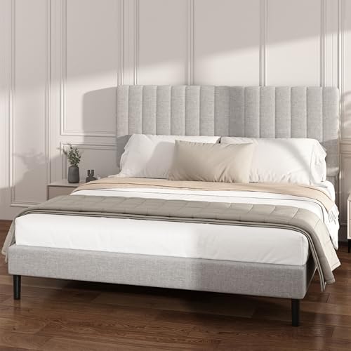 King Linen Bed Frame with Vertical Channel Tufted Headboard Light Grey | Upholstered Platform Bed, No Box Spring Needed, Noise-Free, Strong Wooden Slat, Durable Metal Frame, Easy Assembly - color: Light Grey, size: King