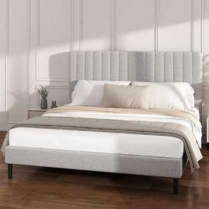 King Linen Bed Frame with Vertical Channel Tufted Headboard Light Grey | Upholstered Platform Bed, No Box Spring Needed, Noise-Free, Strong Wooden Slat, Durable Metal Frame, Easy Assembly - color: Light Grey, size: King