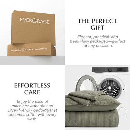 EVERGRACEHOME 100% Cotton Modern Lines Quilt Set Queen Size, Olive Green | Pre-Washed Soft Cotton, Striped Coverlet Bedspread, 3 Piece Lightweight Bedding Set for All Season, with 2 Pillow Shams - color: Olive Green, size: Full/Queen (92" X 92")