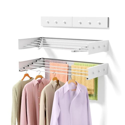 ZMBESUP Upgrade Wall Mounted Drying Rack with 6 Hooks, 31.5" Foldable Laundry Rack, 5 Rods & Hooks Space Saver for Bathroom, Collapsible Clothing Rack with Template for Indoor Outdoor (White) - size: 31.5'' Upgrade