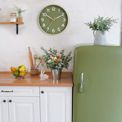 Roymnie 14 Inch Wall Clock Battery Operated Silent Non Ticking Green Analog | Green & gold modern analog; large 3D easy-read dial for kitchen, office, bathroom & bedroom; 1 AA battery (not included) - color: A_olive Gold, size: 14 Inch