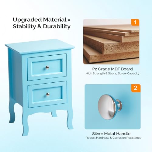 Bonnlo Nightstand Set of 2, Nightstands with 2 Drawers, Blue Nightstand, Bed Side Table/Night Stand, Small Nightstands for Bedroom, Small Spaces, College Dorm, Kids’ Room,Living Room, Wood,16W*12D*24H - color: Blue