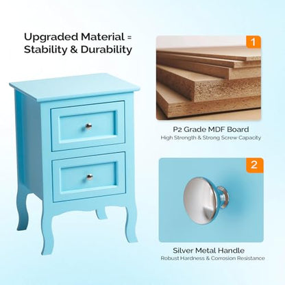 Bonnlo Nightstand Set of 2, Nightstands with 2 Drawers, Blue Nightstand, Bed Side Table/Night Stand, Small Nightstands for Bedroom, Small Spaces, College Dorm, Kids’ Room,Living Room, Wood,16W*12D*24H - color: Blue
