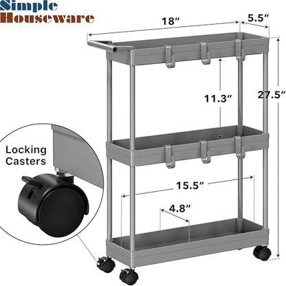 Simple Houseware 3-Tier Slim Rolling Cart w/Handle 5.5" Wx27.5 H, Gray | Storage Cart for Narrow Space (5.5-Inch Wide) Kitchen, Bathroom, Laundry Room - color: Gray