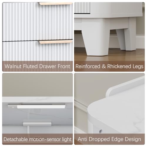 Baoz White Fluted Nightstand with Charging Station & 2 Drawers for Bedroom | 20" Wide Mid Century Modern Bedside Table Wood Faux Marble Top Curved Profile Design 27in Tall LED Night Stand - color: White, size: 2 Drawers