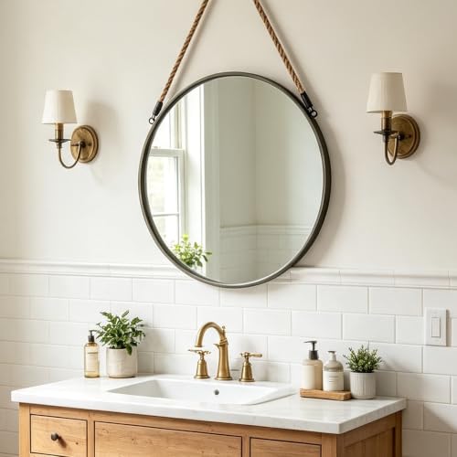 POZINO 20 Inch Round Mirror with Grey Metal Frame, Hanging Mirror for Wall | Circle HD Mirror with Jute Rope, Anti-Rust, Farmhouse Decorative Wall Mirror for Entryway, Living Room, Fireplace, Bathroom - color: Grey, size: 20"L x 20"W