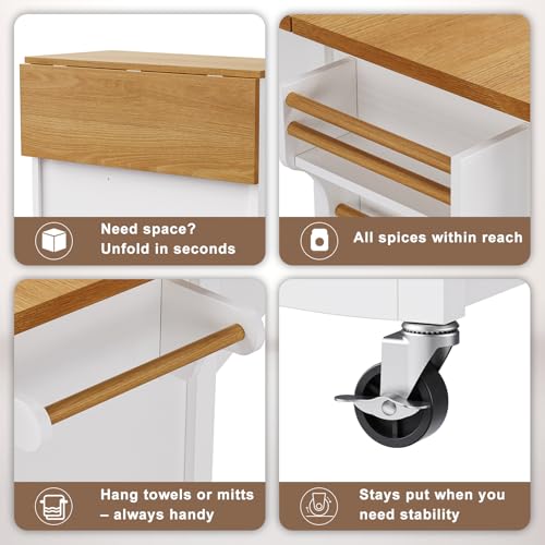 52" Kitchen Island with Storage, Wheels & Drop Leaf, Adjustable Shelf | Oak Top, White Retro Kitchen Cart on Casters, 2 Cabinets, 5 Drawers, Spice Rack, Towel Bar, Durable, Easy Assembly - color: White