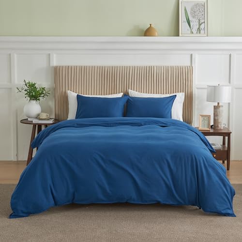 BISELINA French Linen Duvet Cover Set 3pcs with Hidden Zipper Closure Natural Flax Cotton Blend Solid Color Soft Breathable Luxury Farmhouse Bedding - Full Size, Navy Blue - color: Navy Blue, size: Full