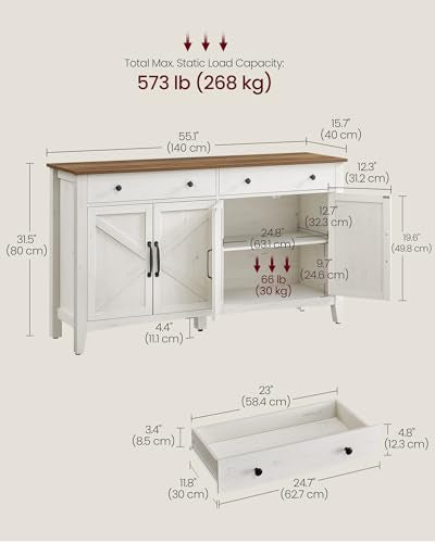 VASAGLE LIRY Collection - Buffet Cabinet, Coffee Bar Cabinet with 2 Drawers, Adjustable Shelves, Sideboard Storage with Cable Holes, Drawer Dividers, Rustic White and Honey Brown UBBK381WJ01S